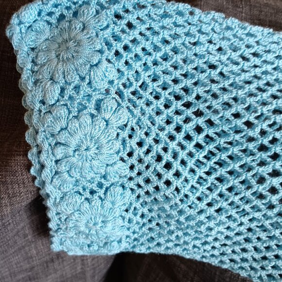 Rare Vintage Blue Crochet Mini Dress Boho Floral Fishnet Sleeves XS/S - Picture 6 of 15